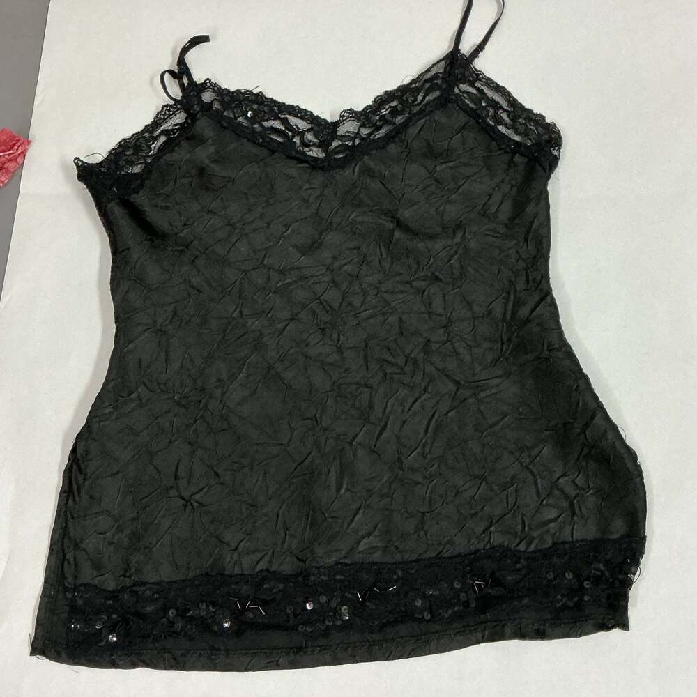 Next era  Black Crinkle Fabric Cami with Lace Trim and Sequin Details